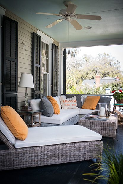 A modern Lowcountry porch. #savannah #southernhomes #gardenandgun