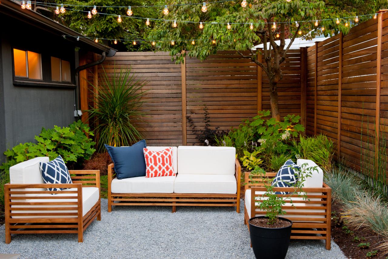 Modern Seattle Courtyard. A cozy outdoor seating area is illuminated by LED  string