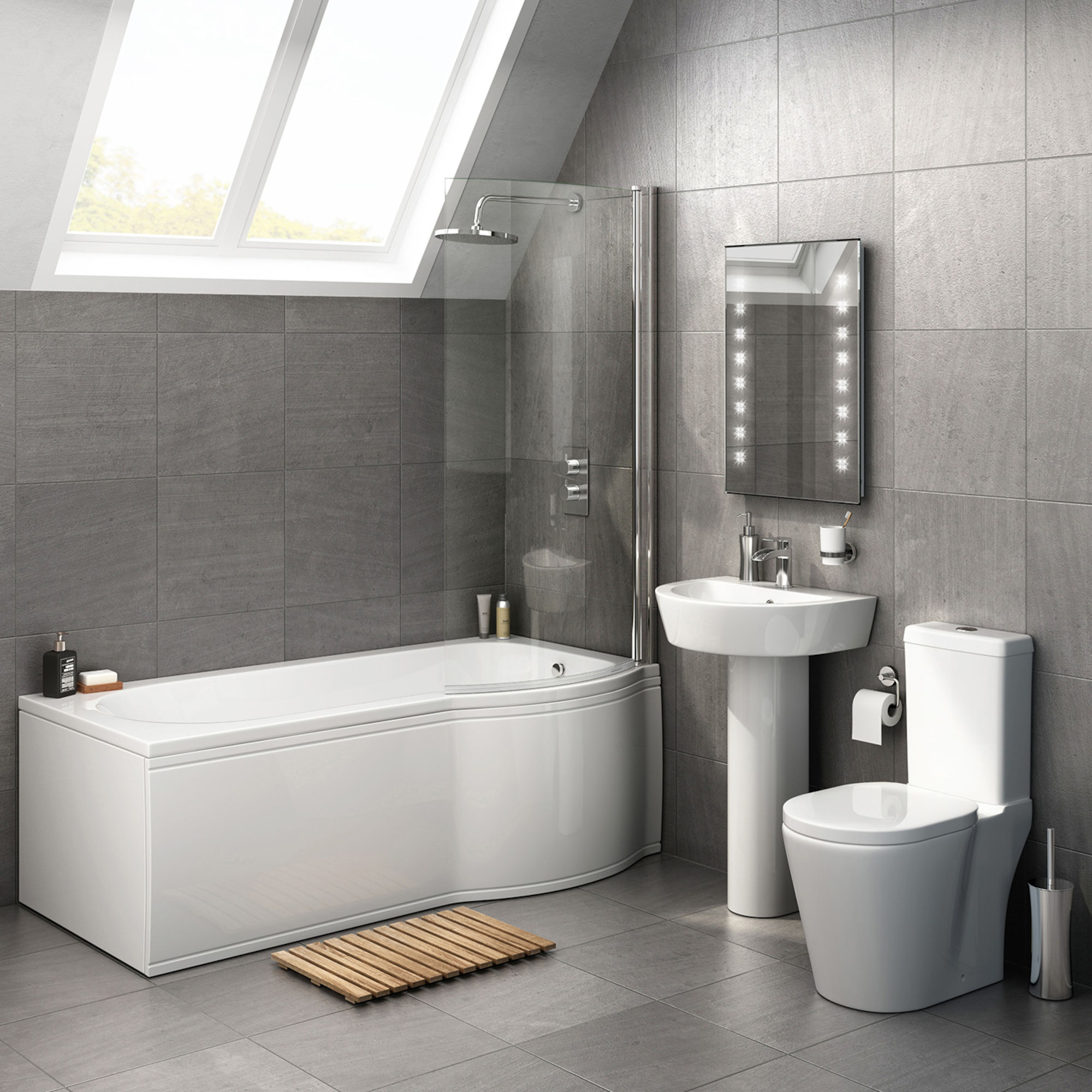 1700x850mm Albi P Shaped Right Handed Shower Bath Suite
