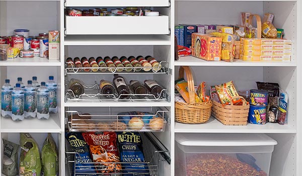 Custom reach-in pantry organizer with wire baskets, drawers and vertical  tray organizer