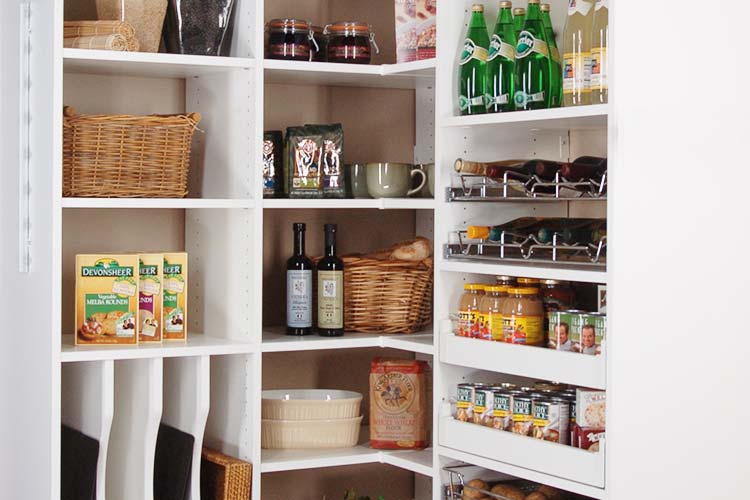 Custom pantry closet design in white TFL laminate with polished chrome  accesories. Design for custom closet organization system for kitchen storage