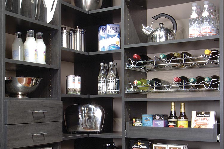 Custom kitchen organization system in gray with drawers, baskets and tray  organizer