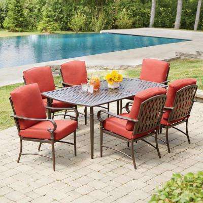 Oak Cliff 7-Piece Metal Outdoor Dining Set with Chili Cushions