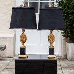 Pair of Hollywood Regency Style Pineapple lamps France 1970. Metal Base  gold painted base with