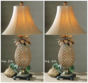 Image is loading NEW-PAIR-RUBBED-BROWN-GLAZED-PINEAPPLE-TABLE-LAMPS-
