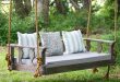 M - Unfinished Used Wood Custom Porch Swing Using Rope Hanger And Ligh Gray  Matters Combined With Blue White Striped Pattern Cushions With Metal Swing  Bench