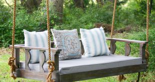 M - Unfinished Used Wood Custom Porch Swing Using Rope Hanger And Ligh Gray  Matters Combined With Blue White Striped Pattern Cushions With Metal Swing  Bench