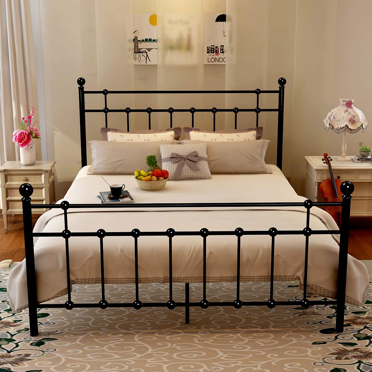 Traveller Location: Metal Queen Bed Frame Platform with Steel Headboard and  Footboard Black Iron Round Slat Mattress Foundation Modern Style No Box  Spring (Queen,