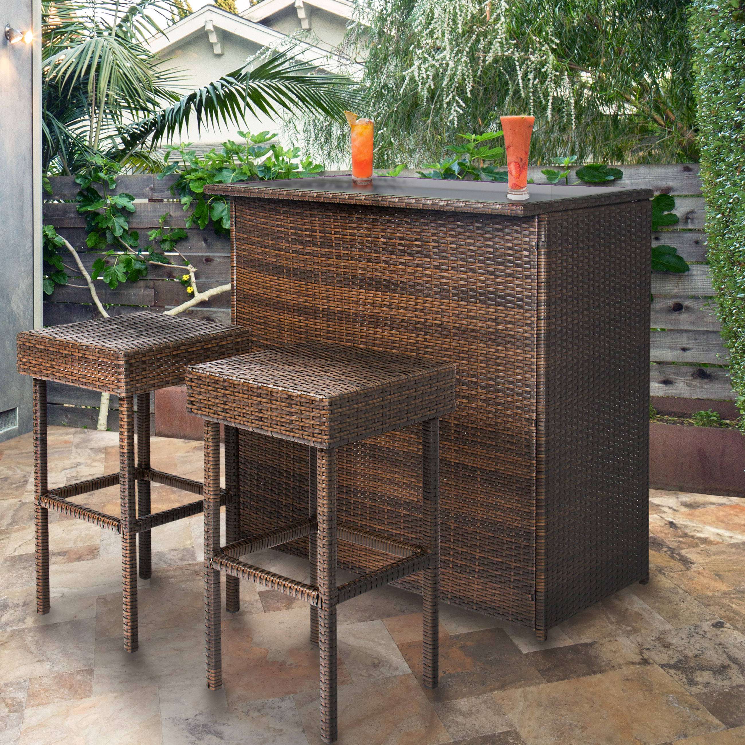 Best Choice Products 3PC Wicker Bar Set Patio Outdoor Backyard Table & 2  Stools Rattan Garden