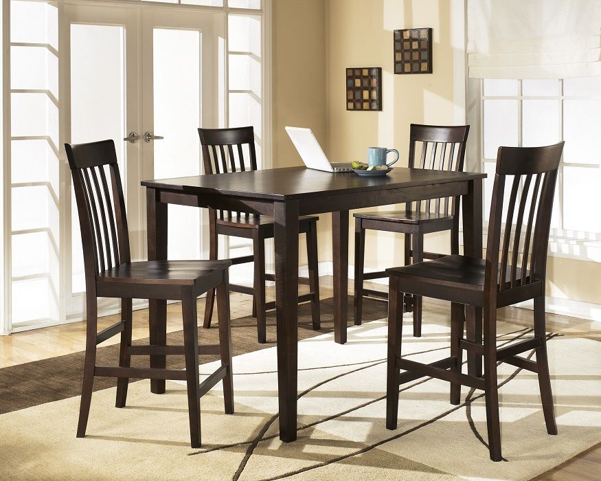 SKU P D258-223 casual pub table set dark brown wood, rectangular pub table  and 4 wood pub chairs.