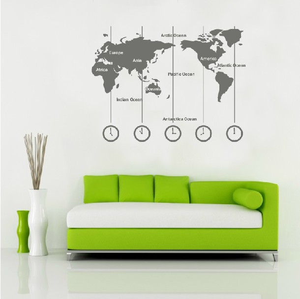 Removable Vinyl World Map Wall Decal Time Wall Art Clock Wall Sticker -  Wold map with time zone (L) by CustomWallDecal on Storenvy