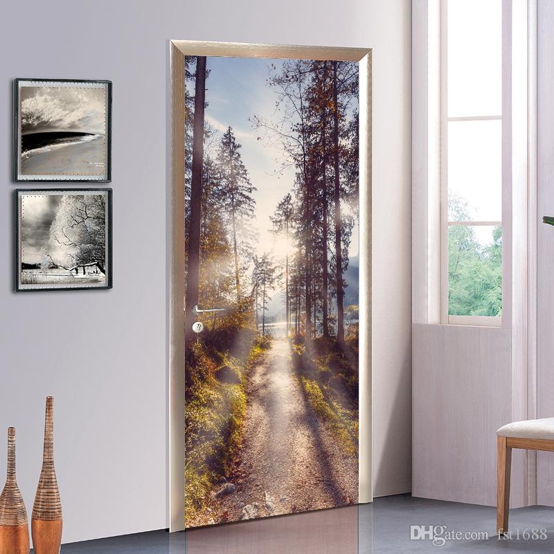 Removable Wall Mural Creative Chinese Style Tree Forest Depths Road 3D Door  Sticker Wallpaper Vinyl Art