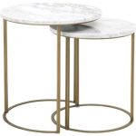 Marble Top Round Nesting Table With Brushed Gold Base, White, Set Of Two