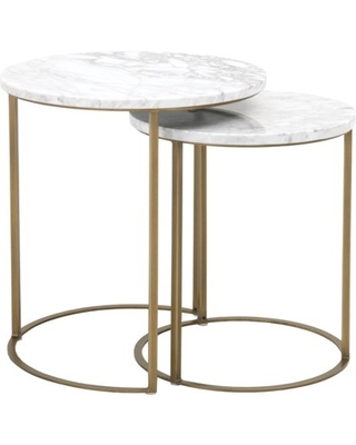 Marble Top Round Nesting Table With Brushed Gold Base, White, Set Of Two