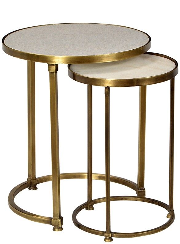 clifford nesting tables - These beautiful round nesting side tables have an  polished white marble inset top featuring a frame finished in antique brass.