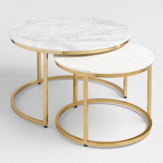 Ayva Round White Marble Brass Nesting Tables