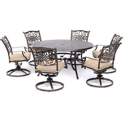 Traditions 7-Piece Aluminum Outdoor Dining Set with 6 Swivel Rockers with  Tan Cushions and