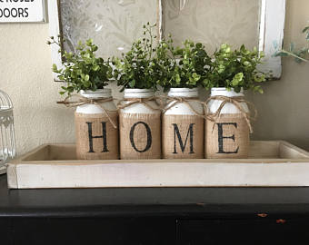 Country Home Decor, Mason Jars With Burlap, Painted Mason Jars, Mason Jars  With Flowers,Southern Home Decor, Rustic Decor, Living Room Decor