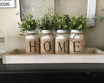 Country Home Decor, Mason Jars With Burlap, Painted Mason Jars, Mason Jars  With Flowers,Southern Home Decor, Rustic Decor, Living Room Decor
