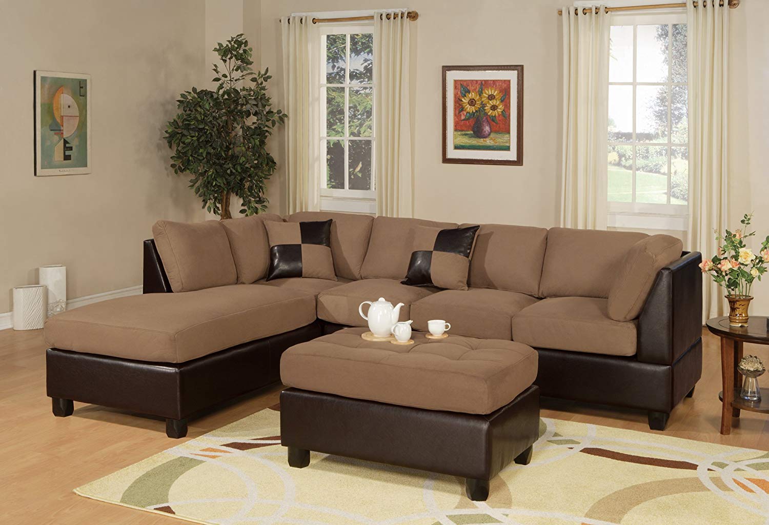 Traveller Location: BOBKONA Hungtinton Microfiber/Faux Leather 3-Piece Sectional  Sofa Set, Saddle: Kitchen & Dining