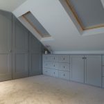 Fitted wardrobes built into loft conversion. Storage drawer units shaker  style doors and drawers. Pull out hanging rails.