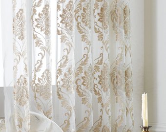 Two Damask Sheer Curtains Custom Made to Order. Embroidered Damask Pattern  On White Background. Custom Size Available. Four colors.