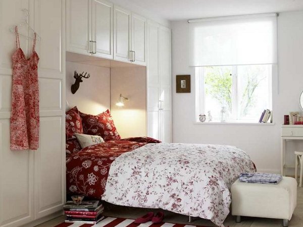 Collect this idea photo of small bedroom design and decorating idea - red  and white