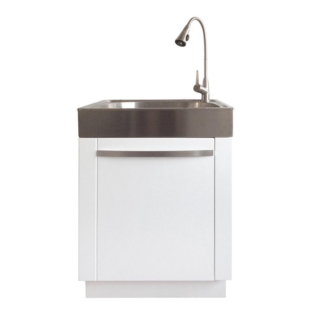 All-in-One 24.2 in. x 21.3 in. x 33.8 in. Stainless Steel Laundry/Utility  Sink and White Cabinet