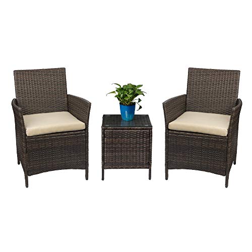 Devoko Patio Porch Furniture Sets 3 Pieces PE Rattan Wicker Chairs Beige  Cushion with Table Outdoor