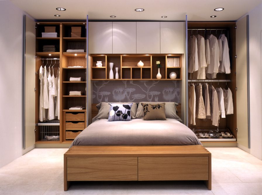 Bedroom Storage Ideas - wardrobes on either side of the bed, and with long  white curtains covering <3