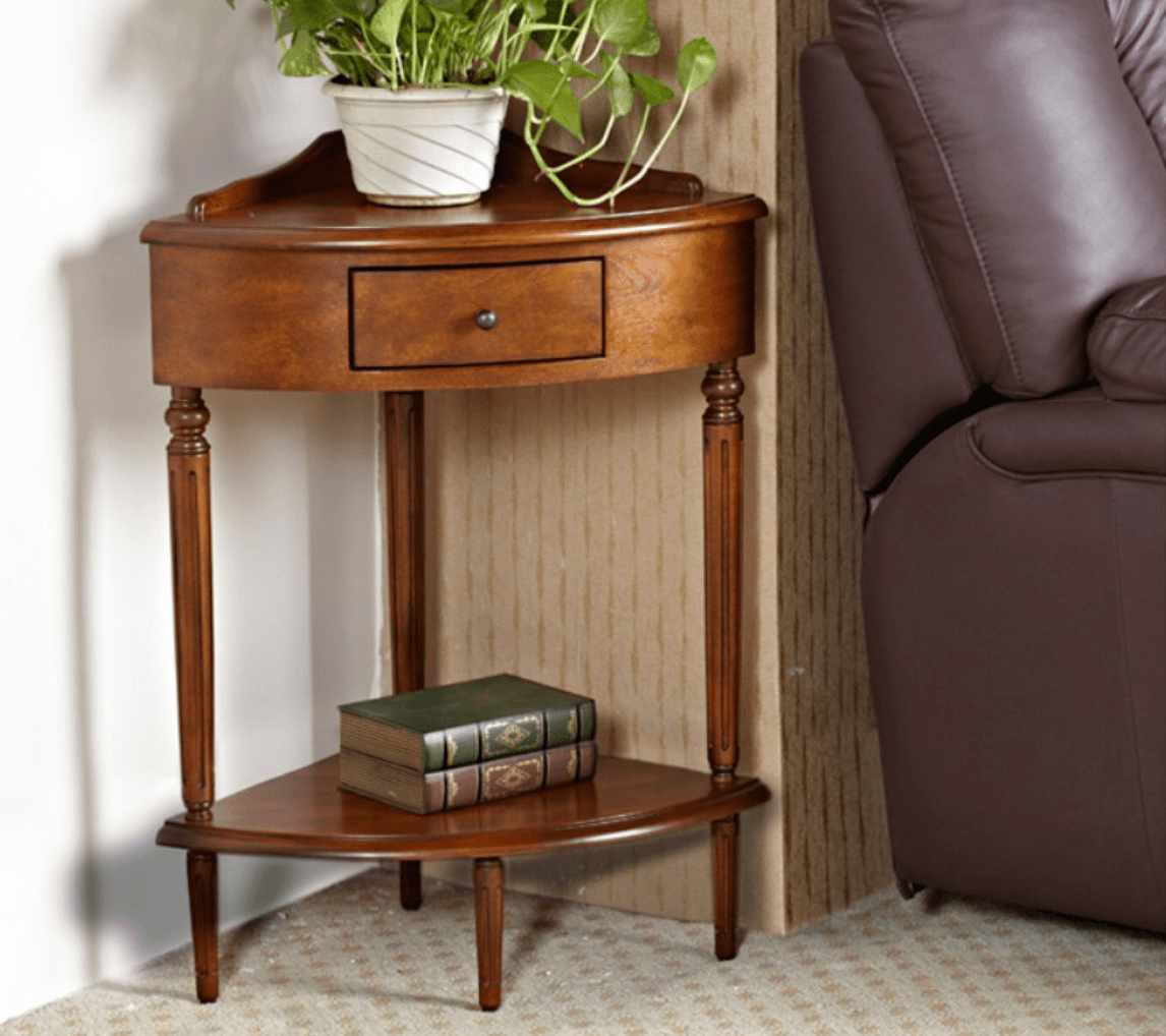 Compact wood corner accent table.