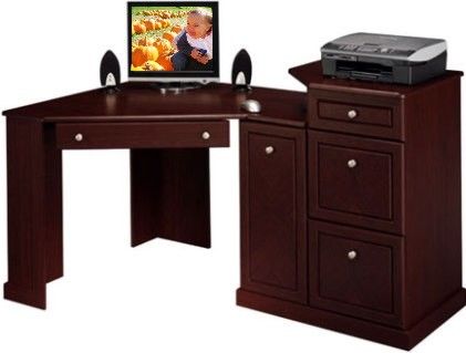 Bush HM26610-03 Birmingham Corner Desk, Pencil drawer drops down to reveal  a keyboard shelf, File drawers hold letter sized files, Raised side tier is