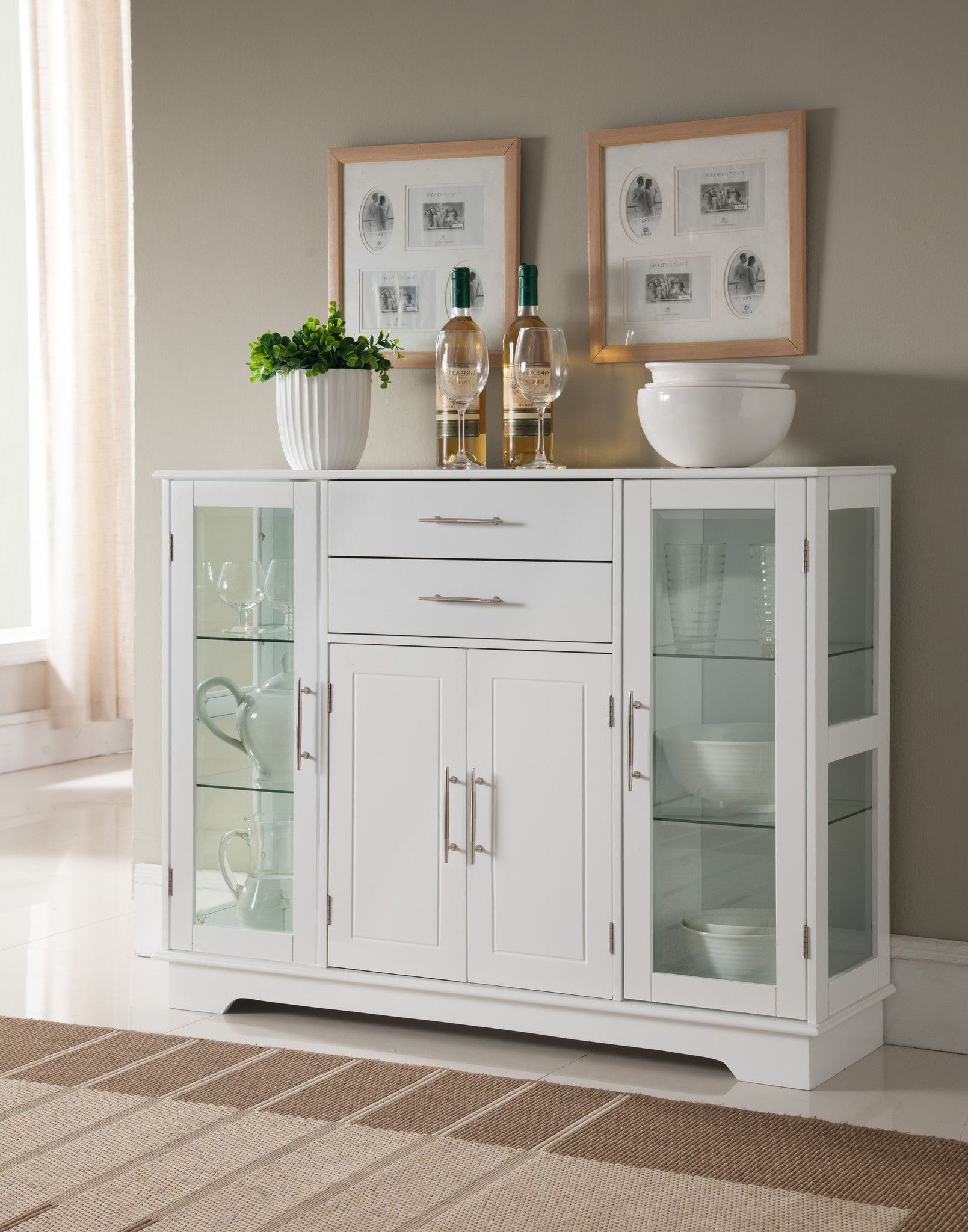 Pilaster Designs - White Wood Kitchen Storage Display Cabinet Buffet With  Glass Doors, Drawers & Storage