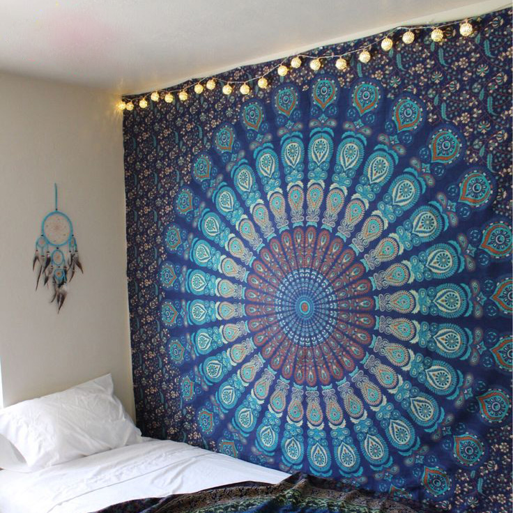 Hippie Mandala Tapestry Indian Blue Floral Psychedelic Medallion Tapestry  Wall Hanging