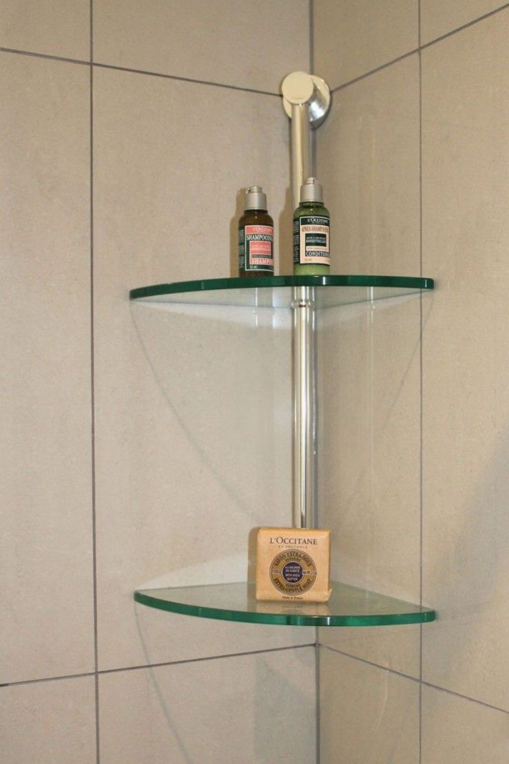 Awesome Clear Tempered Glass Wall Mounted Corner Shelves Placed On The  Ceramic Wall Ideas