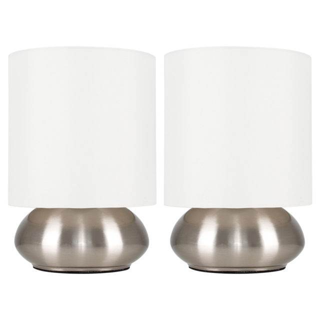 Pair of Modern Brushed Chrome Cream Touch Dimmer Bedside Table Lights Lamps