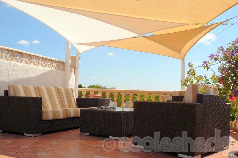 Triangle Shade Sails x 3, 3.6m Triangles x 2 and 5.0m Triangle x 1, colours  Desert Sand and Polar White