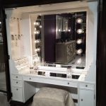 Furniture, Black Makeup Table With Lighted Mirror And Small Fabric Bench:  Show Perfect Beauty in Maximum Way by Using Makeup Vanity Table with Light