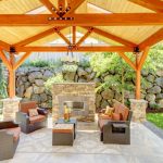 comfortable pavilion for outdoor with fabricated vinyl flooring an outdoor  fireplace with natural stone-looks