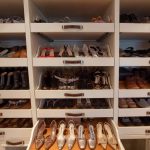 The ultimate in shoe storage and organised display. Woodmeister Master  Builders. White cabinetry with wood drawer lining. | Organization | Closet  designs