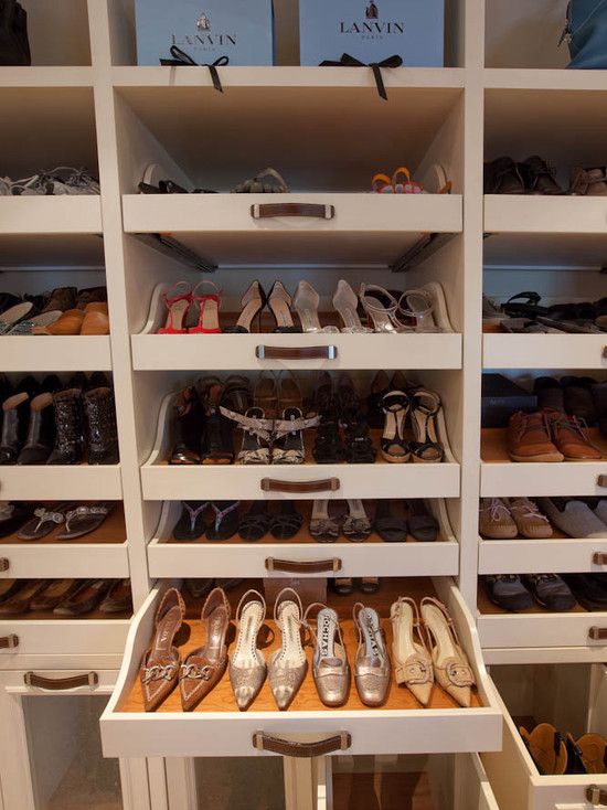 The ultimate in shoe storage and organised display. Woodmeister Master  Builders. White cabinetry with wood drawer lining. | Organization | Closet  designs