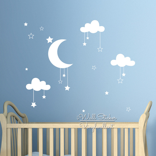 Baby Nursery Clouds Stars Wall Sticker Moon Clouds Wall Decal Kids Room  Decor Easy Wall Art Children Cut Vinyl N32
