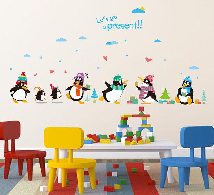 Penguin Present Wall Decal Sticker Kids Room Nursery Wall Art Mural Decor  Poster Penguin With Hat Wall Quote Applique Cute Penguin Art Wall Decal  Tree Wall