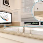 Ocea Bathroom TV with Automatic Lift System Installed near a bathub