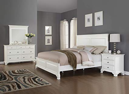 Roundhill Furniture Laveno 012 White Wood Bedroom Furniture Set, Includes  Queen Bed, Dresser,