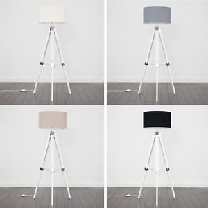 Image is loading White-Wood-amp-Chrome-Tripod-Floor-Lamp-Home-