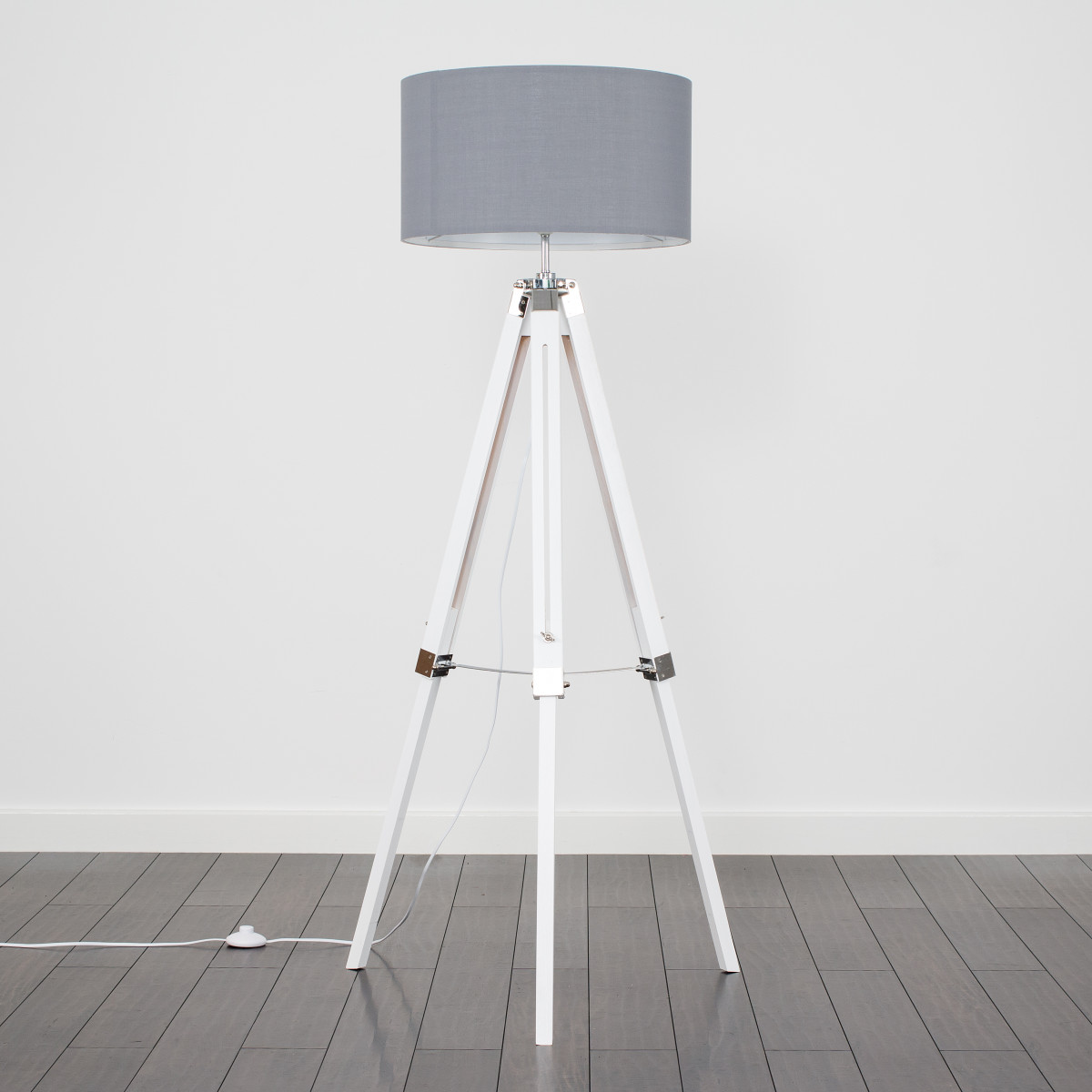 Clipper White Wood and Chrome Floor Lamp with Grey Shade