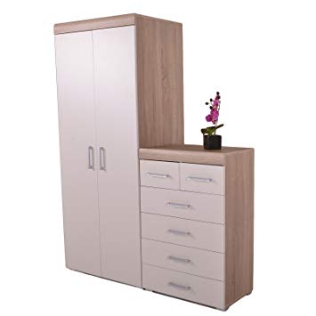 DP 2 Door Wardrobe & 4+2 Chest of Drawers in White & Oak Bedroom