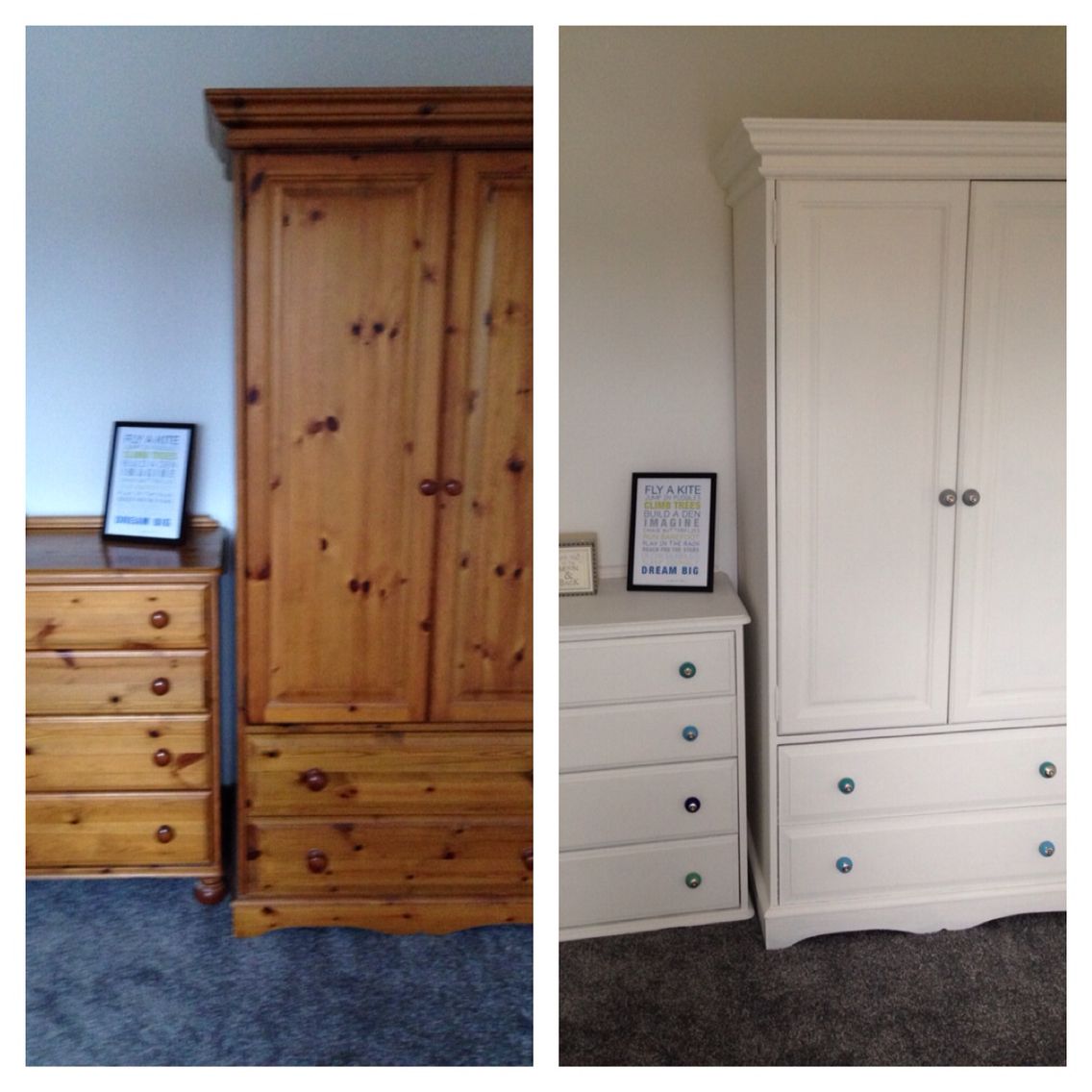 Pine wardrobe and drawers upcycled using 2 coats of wood primer, 2 coats of  Dulux emulsion in White Chiffon. Knobs replaced with funky coloured ones  from