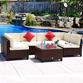 Cloud Mountain Outdoor Sectional 7 Piece Wicker Patio Furniture Set Rattan  Outdoor Conversation Sofa Dining Set